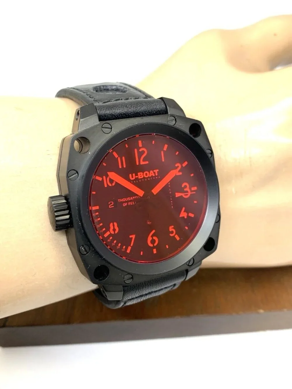 U-Boat Men's Watch 1846 Lefty Swiss Automatic Black Red Face Leather Strap 43mm - Picture 10 of 13